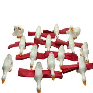 Geese Shape Salt And Pepper And Napkin Rings Vintage White Ceramic Set Of 14